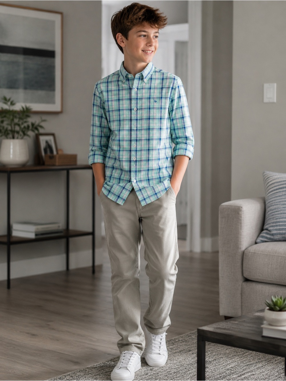 Southern Tide Boys Plaid Button-Down Shirt - Light Blue & Green (035)